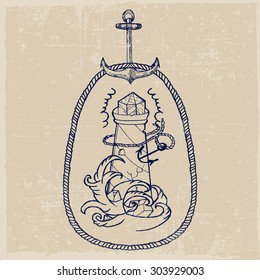 Nautical icon with hand drawn anchor and lighthouse on dusty background