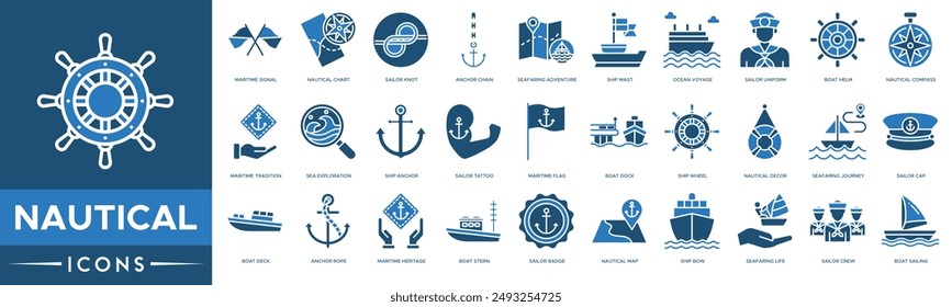 Nautical icon. Maritime Signal, Nautical Chart, Sailor Knot, Anchor Chain, Seafaring Adventure, Ship Mast, Ocean Voyage, Sailor Uniform and Boat Helm