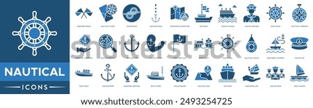 Nautical icon. Maritime Signal, Nautical Chart, Sailor Knot, Anchor Chain, Seafaring Adventure, Ship Mast, Ocean Voyage, Sailor Uniform and Boat Helm