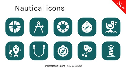 nautical icon set. 10 filled nautical icons. Simple modern icons about  - Lifesaver, Compass, Lifebuoy, Seagull, Fishing, Rope, Paddles, Lighthouse