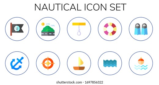 nautical icon set. 10 flat nautical icons. Included pirate flag, anchor, sea, helm, rope, sailing boat, lifesaver, fins, float icons