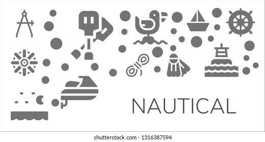 nautical icon set. 11 filled nautical icons.  Collection Of - Compass, Paddles, Helm, Rope, Sea, Fins, Seagull, Jet ski, Sailboat, Buoy