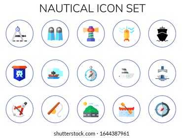 nautical icon set. 15 flat nautical icons. Included compass, jolly roger, fins, ship in a bottle, lighthouse, fishing, yacht, cruise, Compass, fishing rod, sea, boat icons