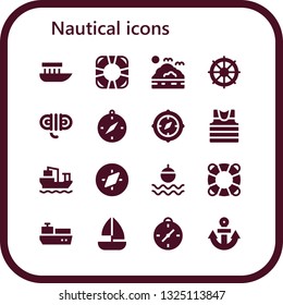 nautical icon set. 16 filled nautical icons.  Collection Of - Boat, Lifesaver, Sea, Helm, Rope, Compass, Sailor, Cargo ship, Float, Sailboat, Anchor