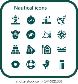 nautical icon set. 16 filled nautical icons.  Collection Of - Lighthouse, Compass, Pirate, Fishing, Windrose, Cargo ship, Fins, Boat, Float, Lifebuoy, Seagull