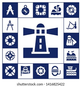 nautical icon set. 17 filled nautical icons.  Simple modern icons about  - Compass, Lifebuoy, Lighthouse, Windrose, Fishing, Fins, Jet ski, Lifesaver, Pirate, Helm, Sailing, Rope