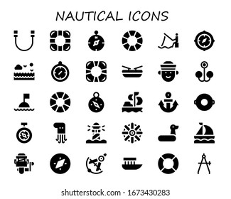 conjunto de iconos náuticos. 30 iconos náuticos rellenos. Incluidos los iconos de Rope, Lifebuoy, Compass, Pesca, Mar, Lifesaver, Barco, Sailor, Bait, Buoy, Vela, Ancla, Float, Octopus, Lighthouse