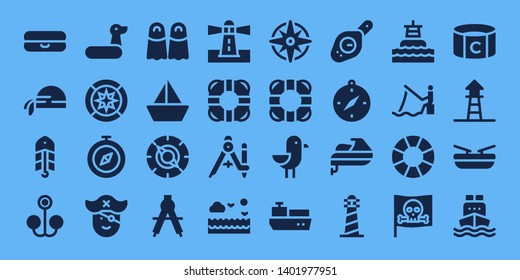 nautical icon set. 32 filled nautical icons. on blue background style Simple modern icons about  - Float, Pirate scarf, Bait, Rubber ring, Wind rose, Compass, Pirate, Fins, Sailboat