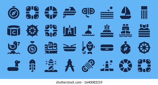 nautical icon set. 32 filled nautical icons. Included Compass, Captain, Seagull, Rubber ring, Lifesaver, Helm, Bait, Sailboat, Lighthouse, Jet ski, Boat, Rope, Buoy, Fishing icons