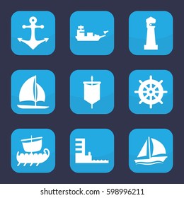 nautical icon. Set of 9 filled nautical icons such as lighthouse, helm, harbor, sailboat, anchor, sail