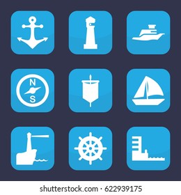 Nautical icon. set of 9 filled nautical icons such as lighthouse, helm, sailboat, ship, harbor, anchor, sail