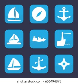 Nautical icon. set of 9 filled nautical icons such as sailboat, anchor, boat, lighthouse, compass