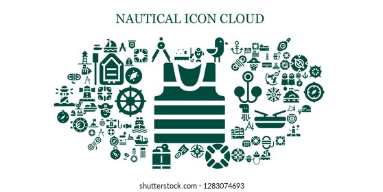  nautical icon set. 93 filled nautical icons. Simple modern icons about  - Sailor, Sea, Sailboat, Compass, Fishing, Seagull, Windrose, Lifesaver, Fins, Oxygen tank, Rope, Jolly roger