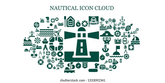 nautical icon set. 93 filled nautical icons.  Simple modern icons about  - Lighthouse, Compass, Octopus, Boat, Lifesaver, Pirate, Jolly roger, Rubber ring, Sailing, Sea, Cargo ship