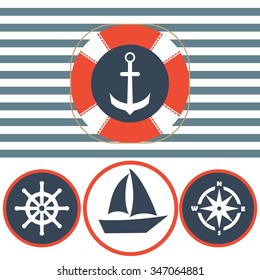 Nautical icon set. Anchor, lifebuoy, ship steering wheel.