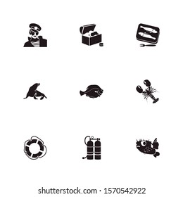 Nautical icon set and baked fish with oxygen balloons, flatfish and treasure chest. Captain related nautical icon vector for web UI logo design.