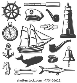 Nautical icon set captain attributes marine inhabitants and elements black and isolated vector illustration