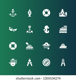 nautical icon set. Collection of 16 filled nautical icons included Compass, Pirate, Boat, Pirate hat, Cruise, Lifesaver, Seahorse, Anchor, Lifebuoy, Fishing