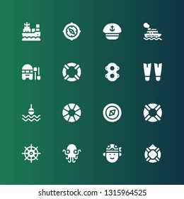 nautical icon set. Collection of 16 filled nautical icons included Lifesaver, Pirate, Kraken, Helm, Compass, Lifebuoy, Buoy, Fins, Floats, Boat, Cruise, Sailor
