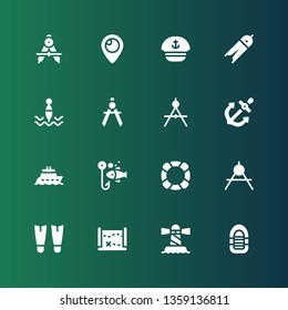 nautical icon set. Collection of 16 filled nautical icons included Inflatable boat, Lighthouse, Treasure map, Fins, Compass, Lifebuoy, Fishing, Boat, Anchor, Buoy, Sailor, Periscope