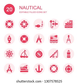 nautical icon set. Collection of 20 filled nautical icons included Lifesaver, Lifebuoy, Fishing, Boat, Compass, Helm, Sailboat, Lighthouse, Yatch, Anchor