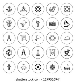 Nautical icon set. collection of 25 outline nautical icons with anchor, boat, compass, dolphin, lifeguard, lifesaver, fins, lighthouse, pirates, pirate icons. editable icons.