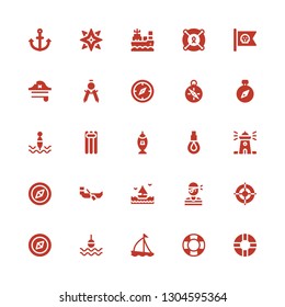 nautical icon set. Collection of 25 filled nautical icons included Lifesaver, Sailboat, Buoy, Compass, Helm, Pirate, Sea, Boat, Lighthouse, Rope, Fishing, Floating, Pirate hat