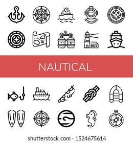 nautical icon set. Collection of Anchor, Windrose, Compass, Treasure map, Yatch, Oxygen, Diving helmet, Lighthouse, Cruise, Fishing, Fins, Boat, Neptune, Knot, Seahorse icons