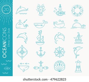 Nautical icon set. Collection of creative line style design elements. Minimalistic outlined marine animals and objects in ethnic style. Monochrome, bright blue on a white