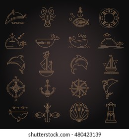 Nautical icon set. Collection of creative line style design elements. Minimalistic outlined marine animals and objects in ethnic style. Gold signs on a dark background