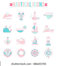 Nautical icon set. Collection of creative line style design elements. Minimalistic outlined marine animals and objects in ethnic style. Colorful sea green and pink tints on a white