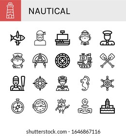 nautical icon set. Collection of Lighthouse, Fishing, Sailor, Caravel, Captain, Compass, Windrose, Pirate ship, Oars, Sailing, Seahorse, Helm, Boat porthole, Pirate, Anchor icons