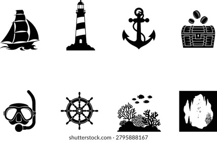 Nautical Icon Set Featuring Lighthouse Anchor Sailing Ship and Diving Gear Silhouettes for Maritime and Sea Designs. 
