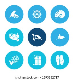 Nautical icon set and flip-flops with coral, ship rudder and seashell. Beach sandal related nautical icon vector for web UI logo design.