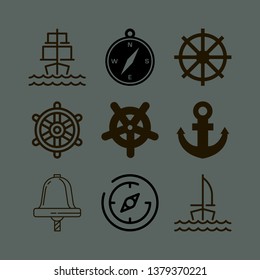 nautical icon set with helm, sail bell and compass vector illustration