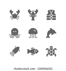Nautical icon set including crab, lobster, lifeguard, seafood, octopus, jellyfish, dolphin, squid, fish, turtle