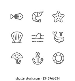 Nautical icon set including fishbone, starfish, shrimp, shell, shark, whale, stingray, anchor, lifebuoy
