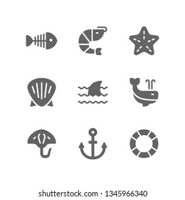 Nautical icon set including fishbone, starfish, shrimp, shell, shark, whale, stingray, anchor, lifebuoy