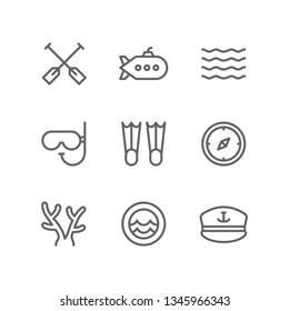 Nautical icon set including paddle, submarine, wave, snorkeling, flipper, compass, coral, porthole, marine