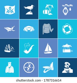 Nautical icon set and mussel with smoking pipe, sailboat, island bar. Captain related nautical icon vector for web UI logo design.