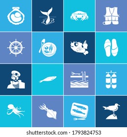 Nautical icon set and octopus with puffer fish, sailor man and swimming pool. Tentacle related nautical icon vector for web UI logo design.