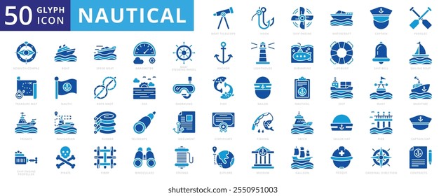 Nautical icon set with sea, navigation, ship, submarine, galleon, museum, maritime, sailor, rescue, fishing, anchor, certificate, yacht, fiber, rubber, lighthouse, telescope, snorkeling, and lifebuoy