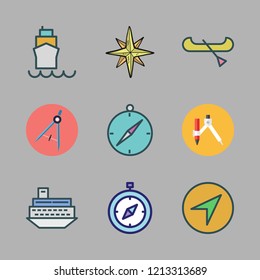 nautical icon set. vector set about ship, wind rose, compass and boat icons set.