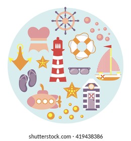Nautical icon set.Flat Vector illustration - nautical design elements.