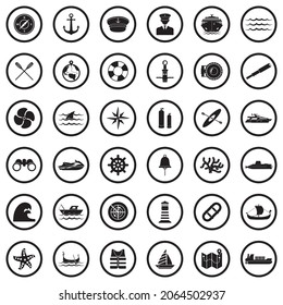 Nautical Icons. Black Flat Design In Circle. Vector Illustration.