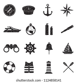 Nautical Icons. Black Scribble Design. Vector Illustration.