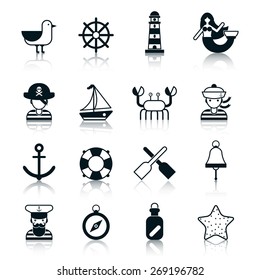 Nautical icons black set with seagull wheel lighthouse marmaid isolated vector illustration