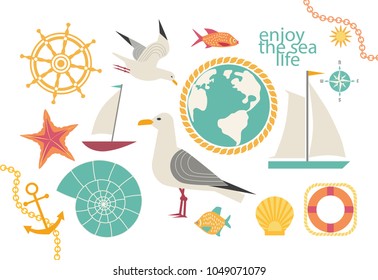 Nautical icons collection. Set of cute maritime seaside flat symbols retro color. Ocean vacation travel tourism sign. Marine cartoon vintage seashore lifestyle banner background. Vector illustration