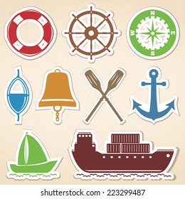 Nautical icons, colored stickers style, vector eps10 illustration
