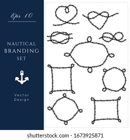 Nautical icons and frames set. Rope texture vector. Sea and ocean symbols bundle, black isolated elements.Template for logo or branding.Sailor cruise, yacht club, business identity, menu, card design.
